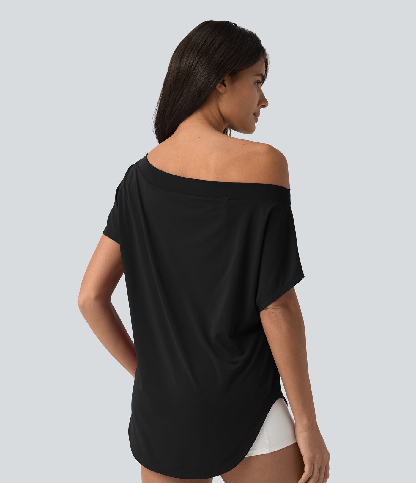 Top de sport yoga asymétrique à épaule dénudée manches courtes ourlet arrondi et coupe asymétrique à séchage rapide – Soutien-gorge intégré
