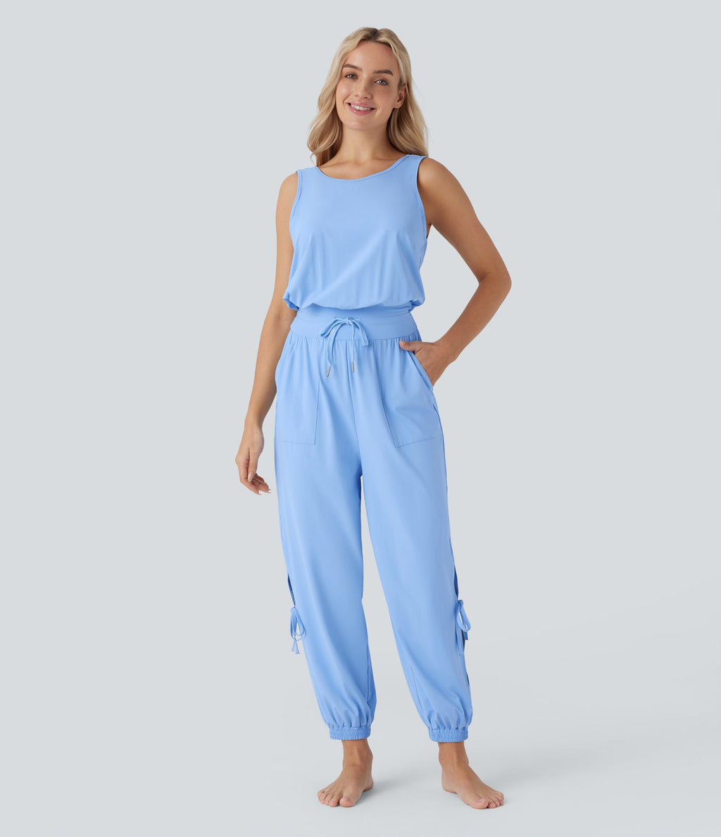 Combinaison de yoga col bateau sans manches dos nu avec découpes et poches latérales à cordon de serrage effet frais InstantCool, protection solaire UPF50+