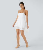 Robe de sport danse mini 2-en-1 laçage asymétrique résille contrastante fluide avec poche A-D