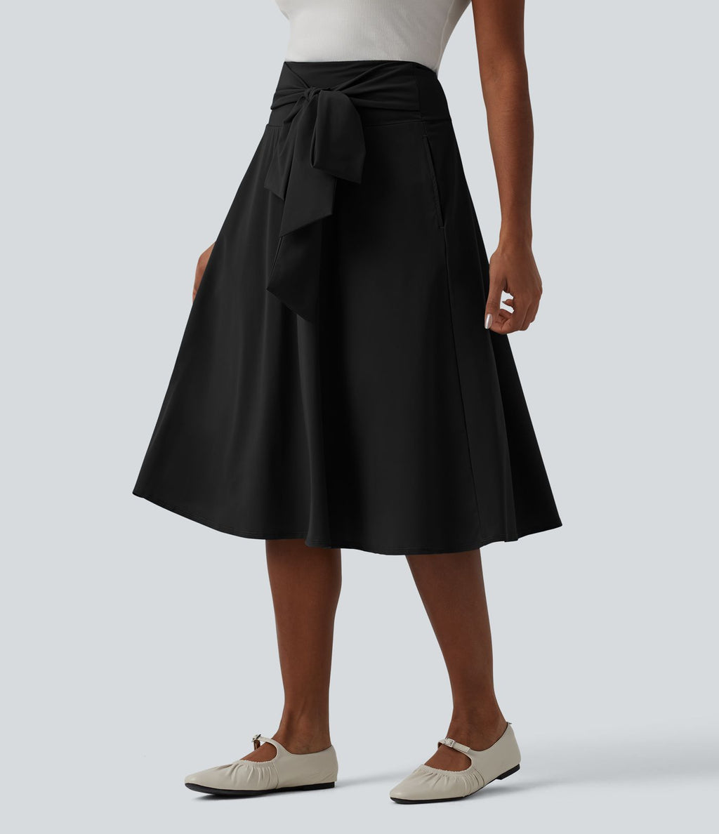 Jupe midi casual trapèze taille haute à nœud devant
