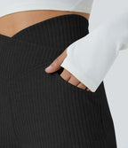 Pantalon Taille Haute Casual Évasés en Tricot Côtelé avec Poches Latérales et Croisé