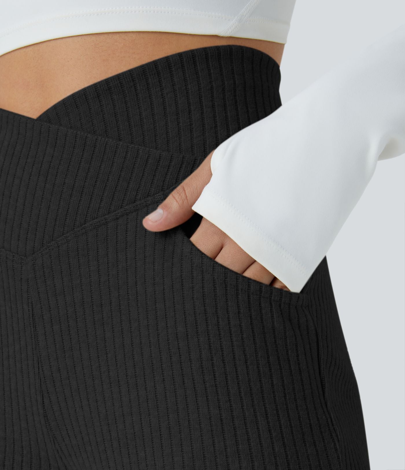 Pantalon Taille Haute Casual Évasés en Tricot Côtelé avec Poches Latérales et Croisé
