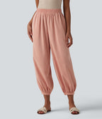 Pantalon décontracté coupe ballon taille haute aspect lin avec poches