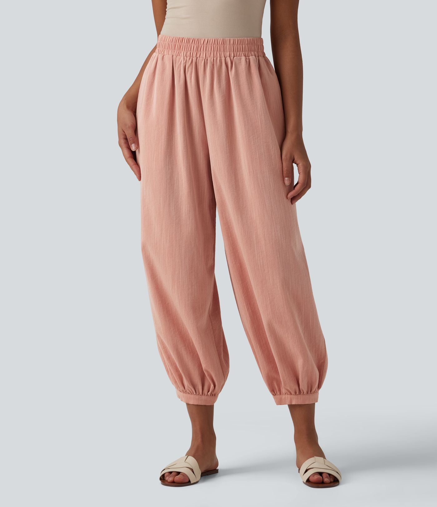 Pantalon décontracté coupe ballon taille haute aspect lin avec poches