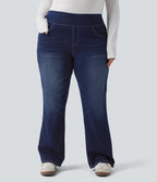 Jean décontracté Halara Flex™ grande taille bootcut taille haute en maille extensible délavée avec multiples poches