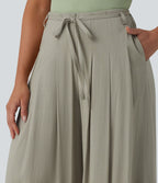 Pantalon large fluide taille mi-haute aspect lin avec ceinture et poches