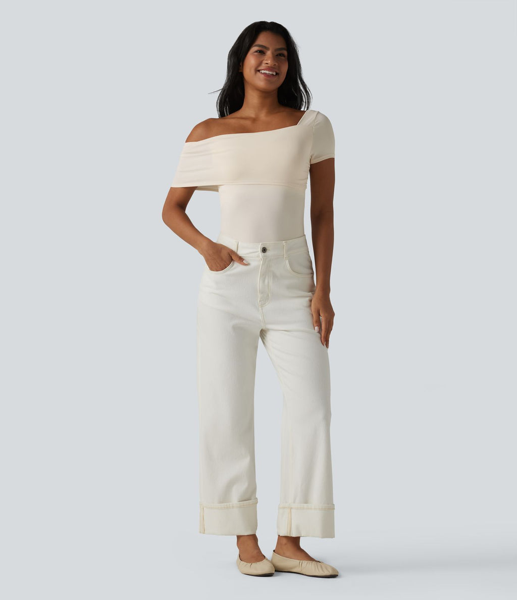 Body casual col asymétrique manches courtes avec soutien-gorge intégré