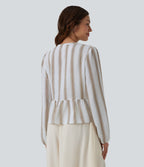 Blouse aspect lin à rayures manches longues ourlet à volants à nouer devant