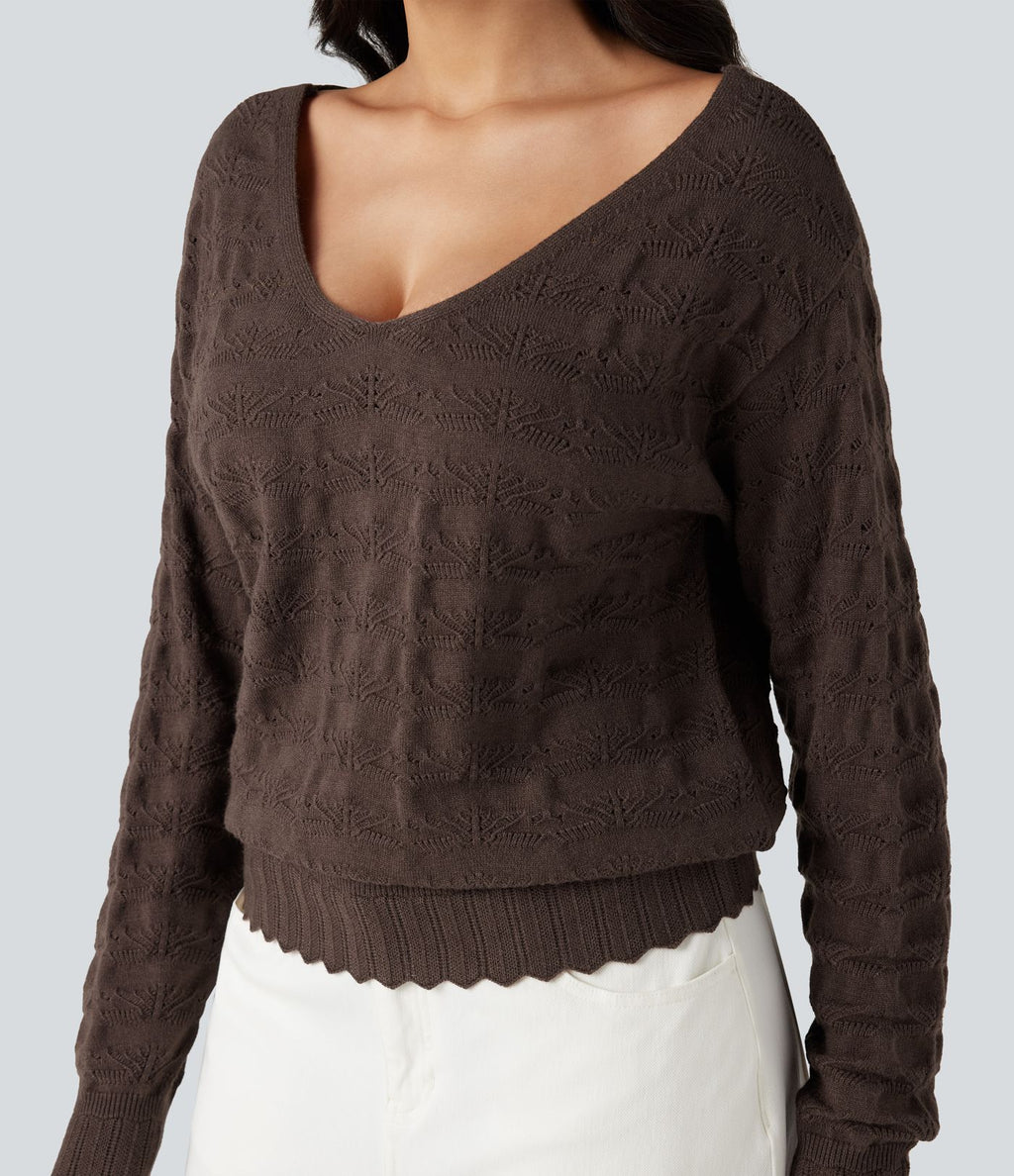 Pull col V bordure festonnée manches longues