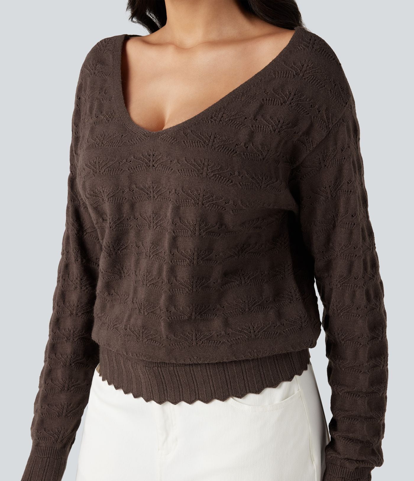 Pull col V bordure festonnée manches longues