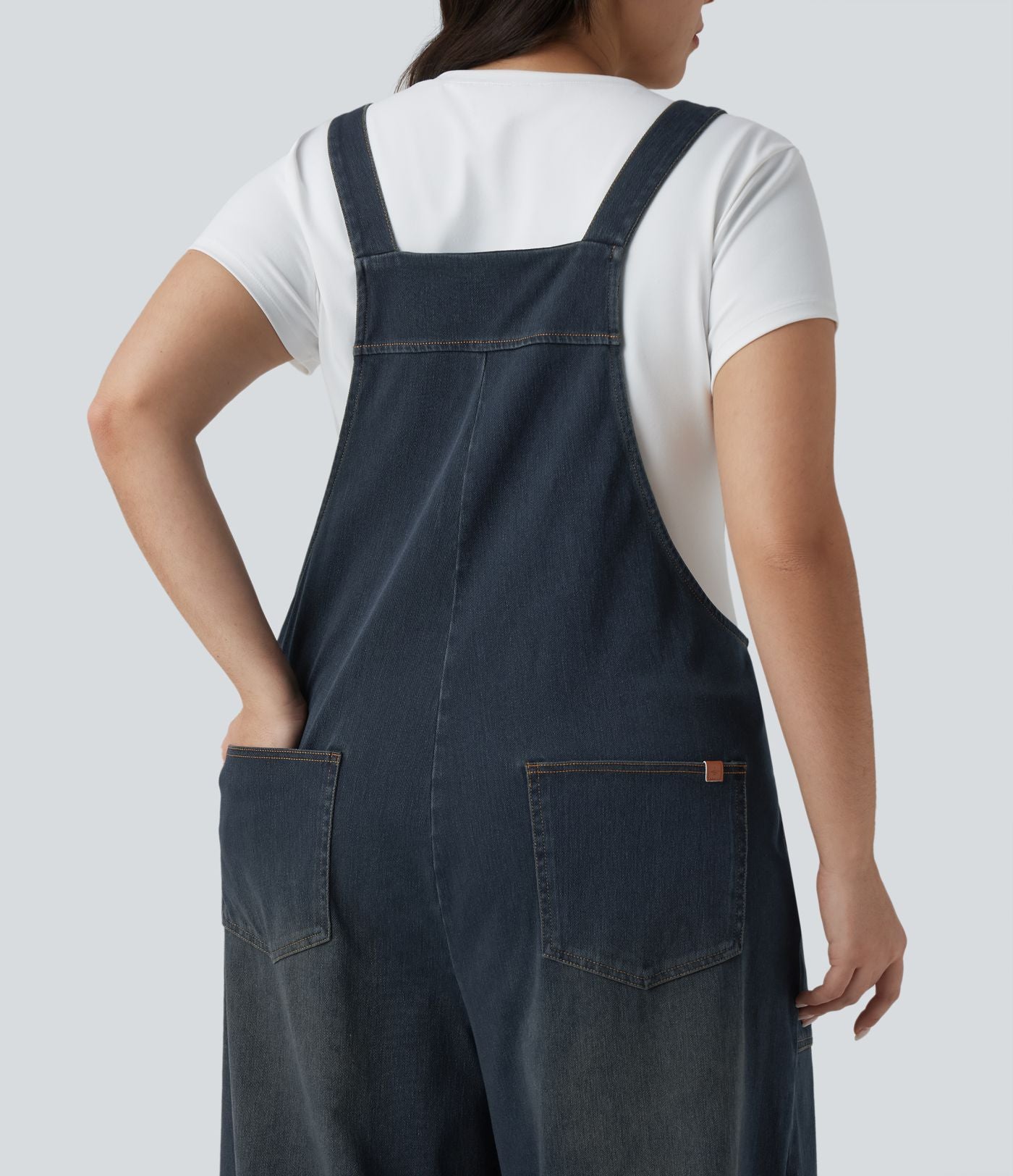 Grande taille Halara Flex™ Salopette casual en jean délavé col carré avec poches