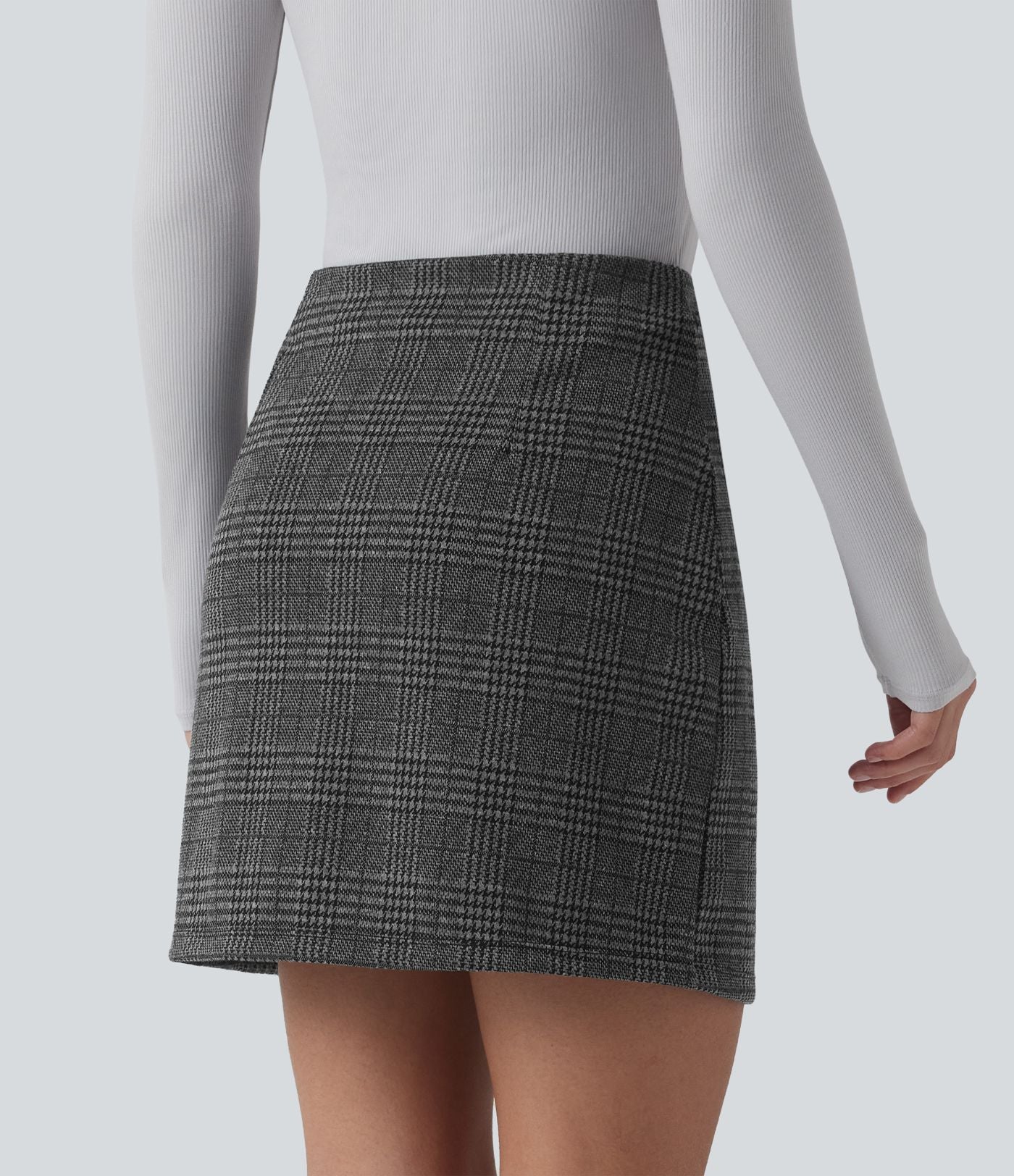 Jupe mini tailleur taille haute 2-en-1 à carreaux pied-de-poule - Longueur rallongée