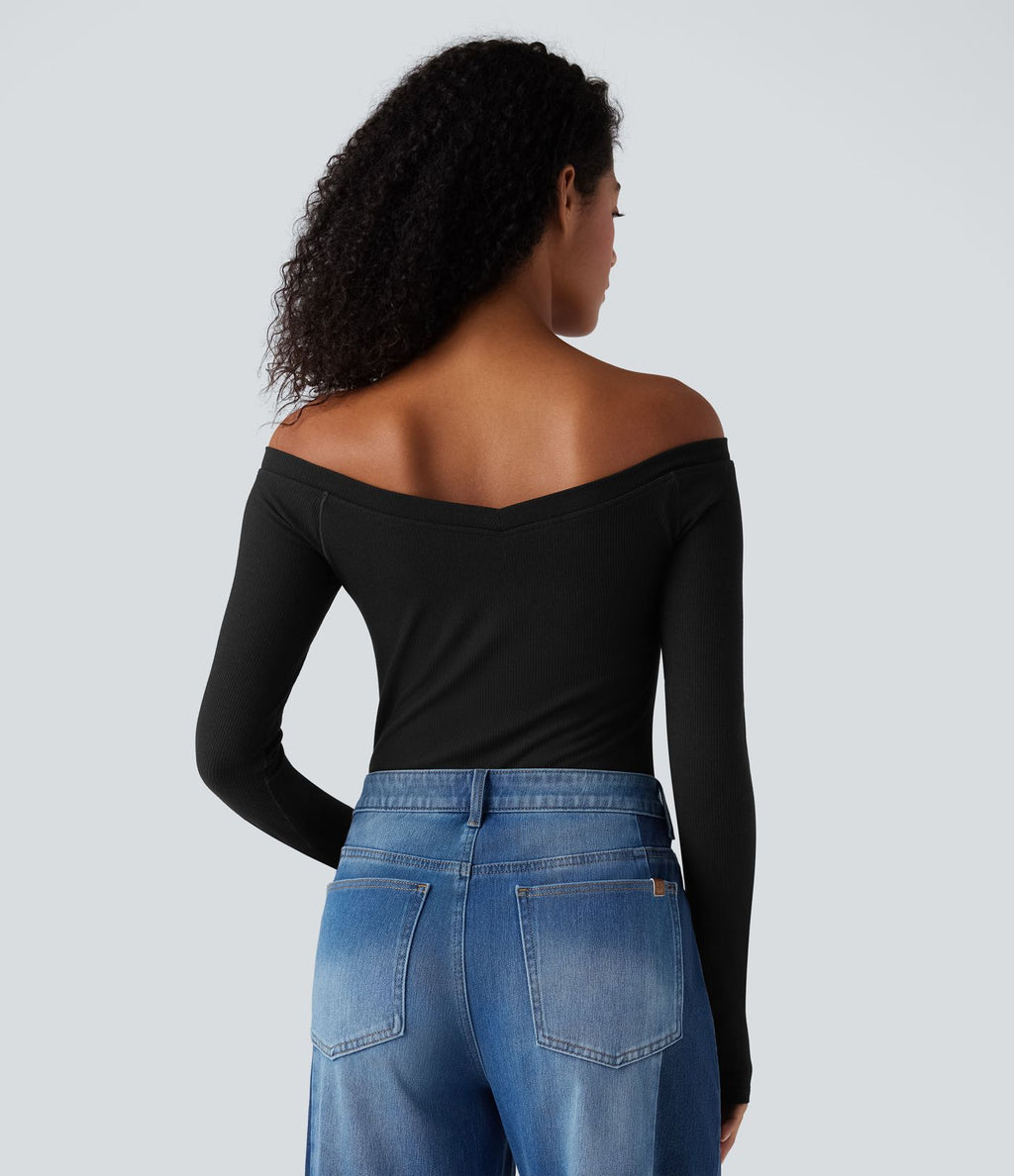 Top casual push-up côtelé épaules dénudées à manches longues - Bonnet A/B