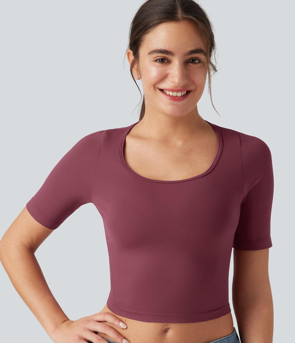 Haut de sport yoga OneForm sans couture Flow col rond échancré manches courtes