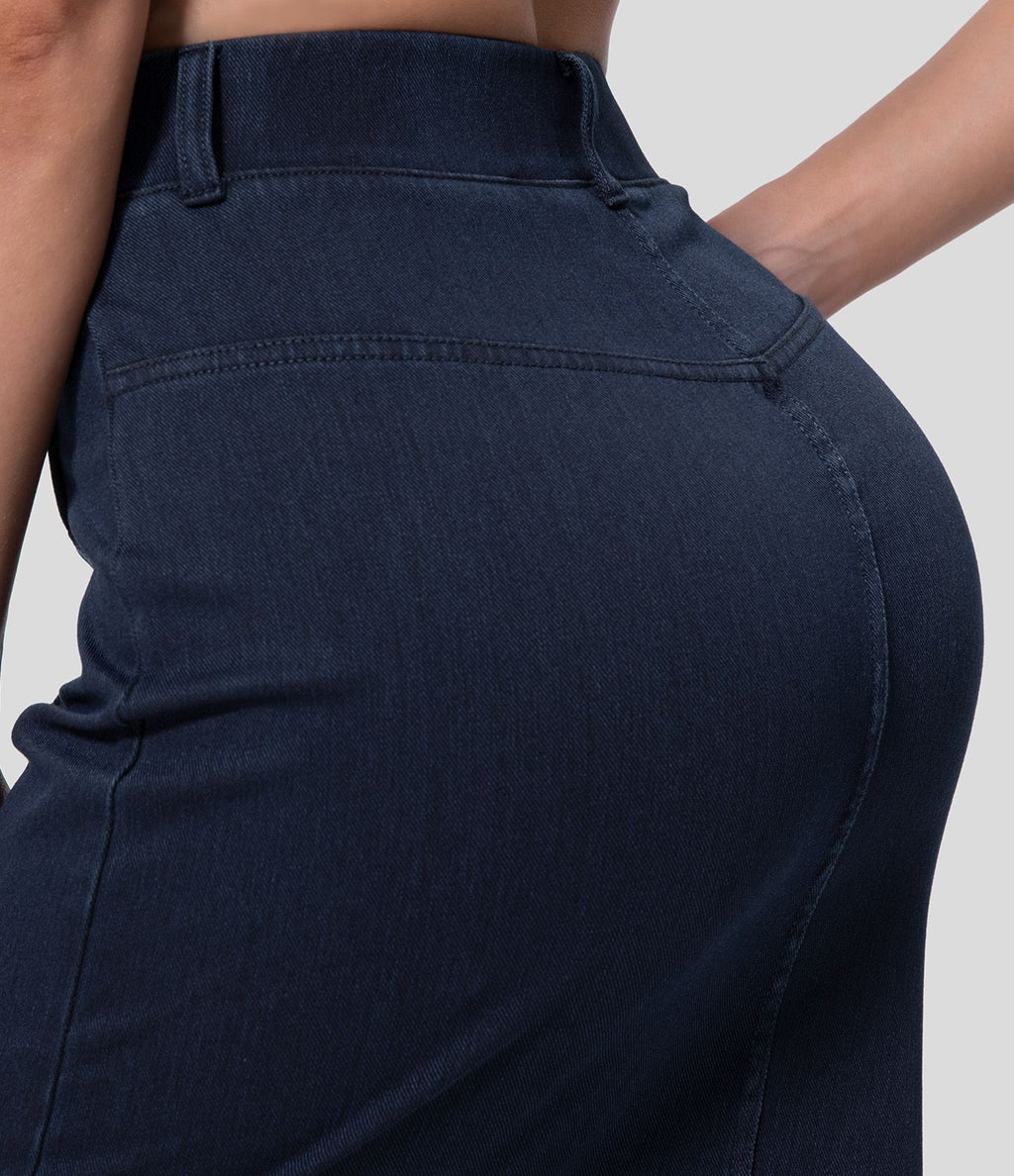 Halara Flex™ Jupe Midi Casual Taille Haute avec Ourlet Fendu en Denim Tricoté Élastique