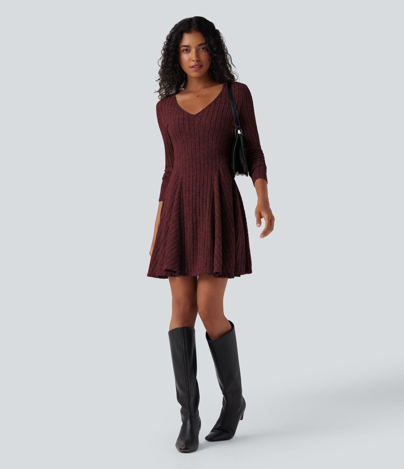 Robe décontractée mini évasée maille côtelée col V manches longues