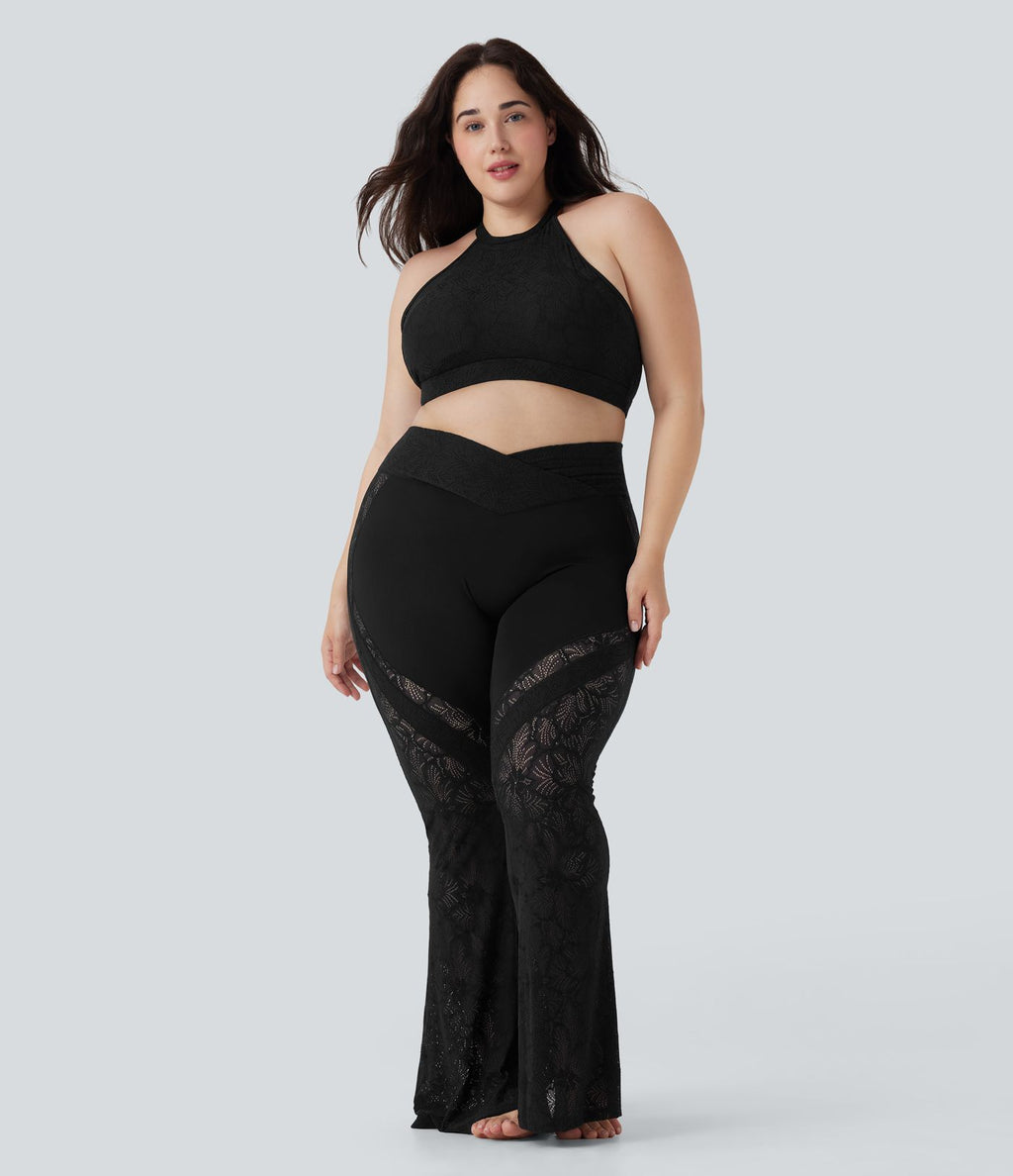Pantalon de yoga évasé grande taille taille haute croisé dentelle contrastée Softlyzero™ avec poche