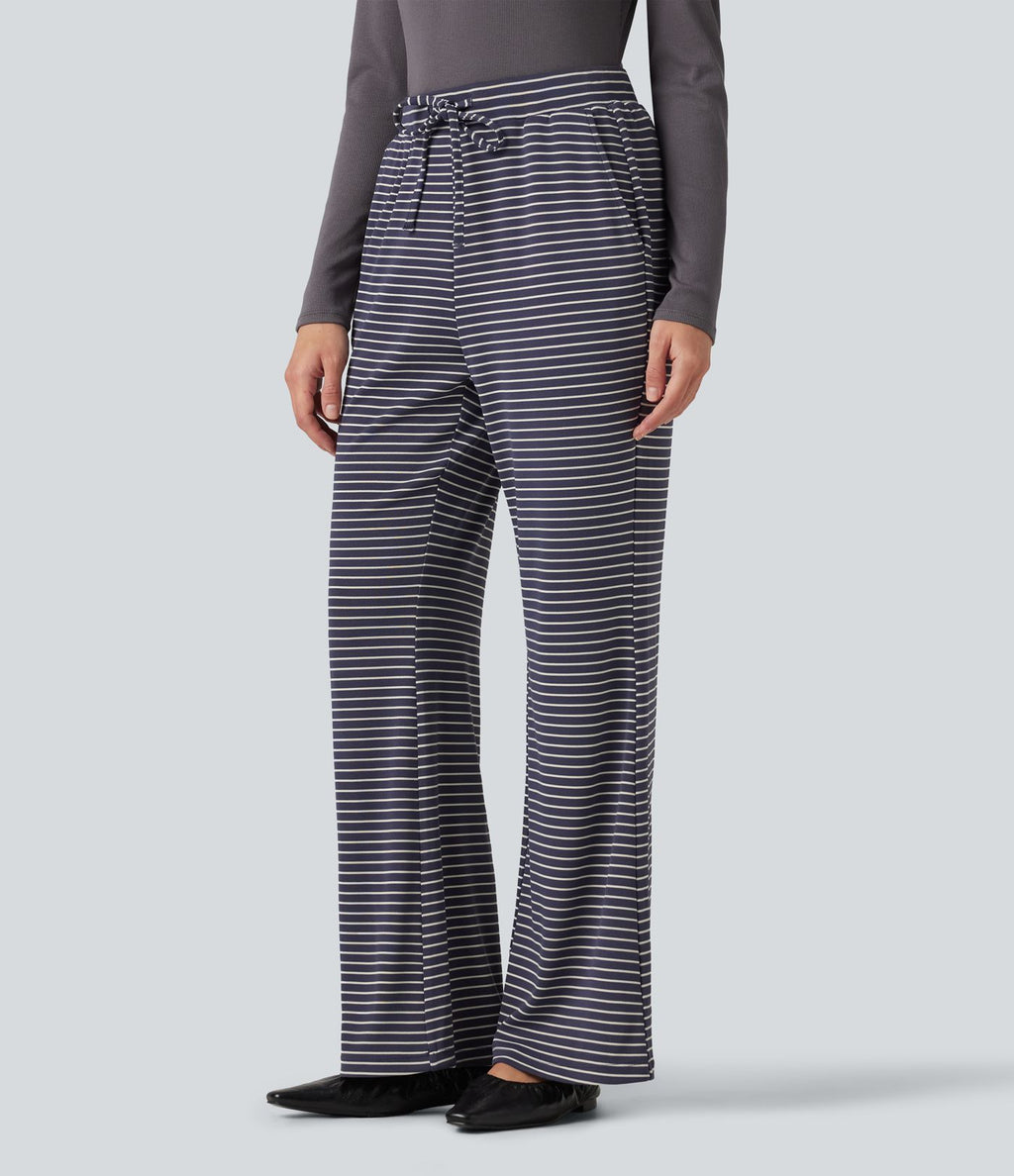 Pantalon décontracté à rayures en maille côtelée, taille mi-haute, cordon de serrage et coupe bootcut, avec poches