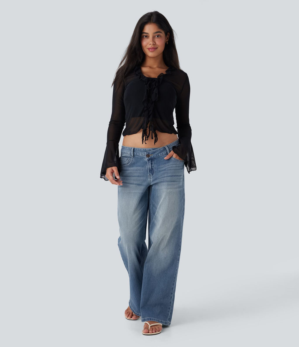 Halara Flex™ Jean large asymétrique taille basse avec bouton, fermeture éclair et poches multiples, délavé et extensible en maille