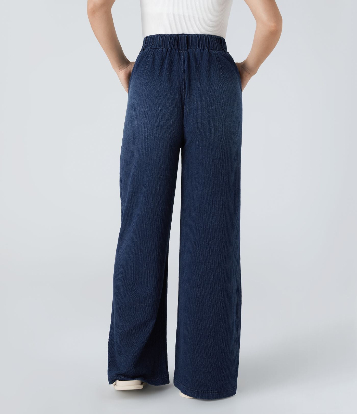 Halara Flex™ Jean Casual Large à Taille Haute avec Poches Latérales et Plis en Maille Extensible