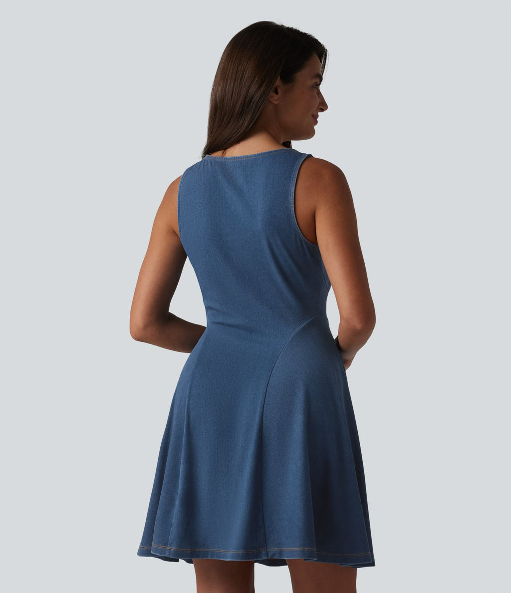 Robe évasée décontractée Halara Flex™ en denim à col V sans manches et drapée en lyocell lavé