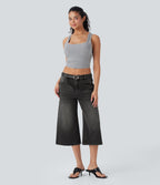 Jean capri décontracté Halara Flex™ baggy taille basse en maille extensible délavée avec poches
