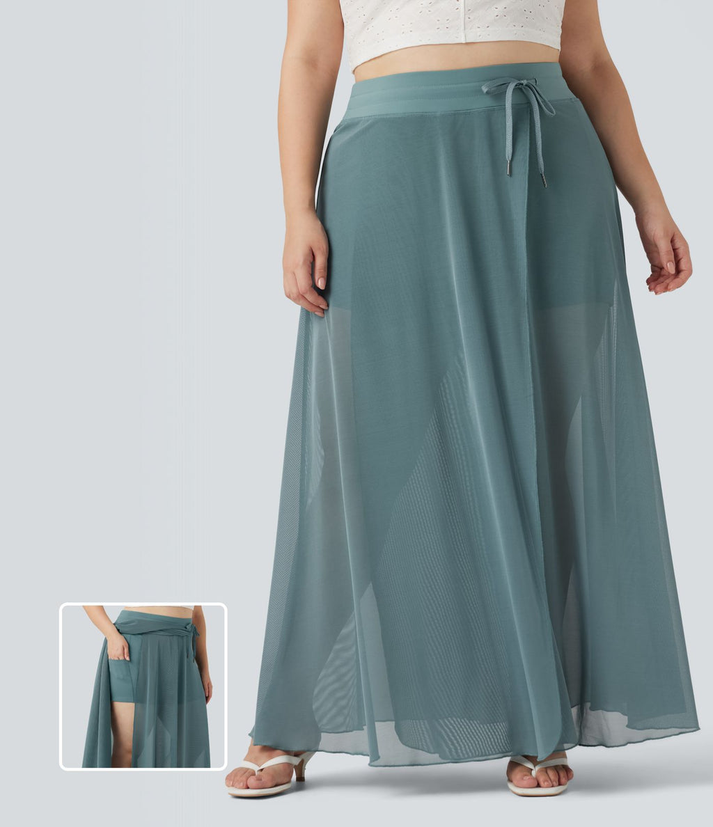 Jupe longue fluide grande taille 2-en-1 mesh contrastant taille haute avec cordon de serrage et poches