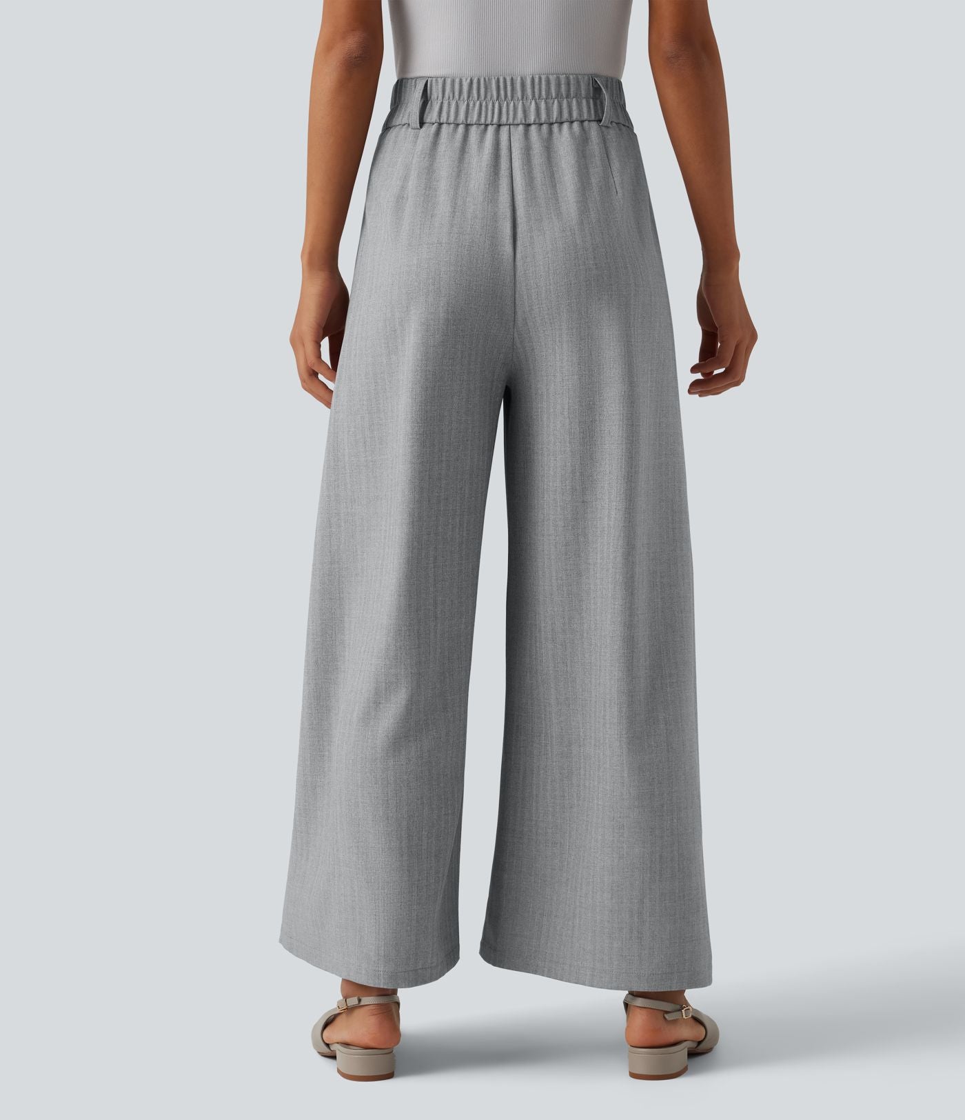 Pantalon tailleur 7/8 large plissé taille haute aspect lin avec poches