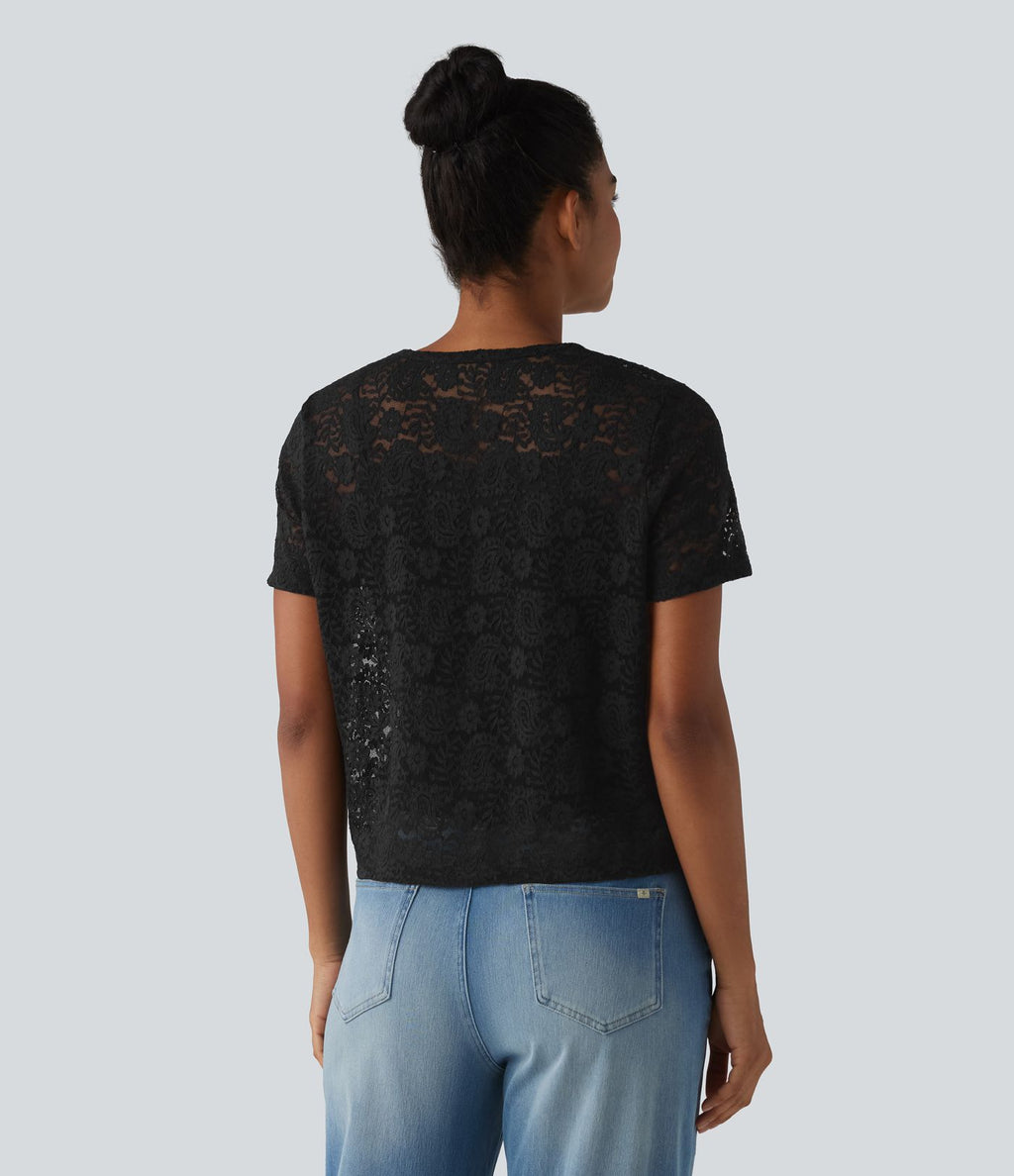 T-shirt casual 2-en-1 en dentelle col rond à manches courtes