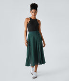 Jupe Casual Évasée Mesh Mi-Longue Fuide 2 en 1 Contrastée Taille Haute Cordon Poche Latérale