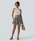 Short resort à volants en vichy aspect lin taille mi-haute avec nœud frontal et poches
