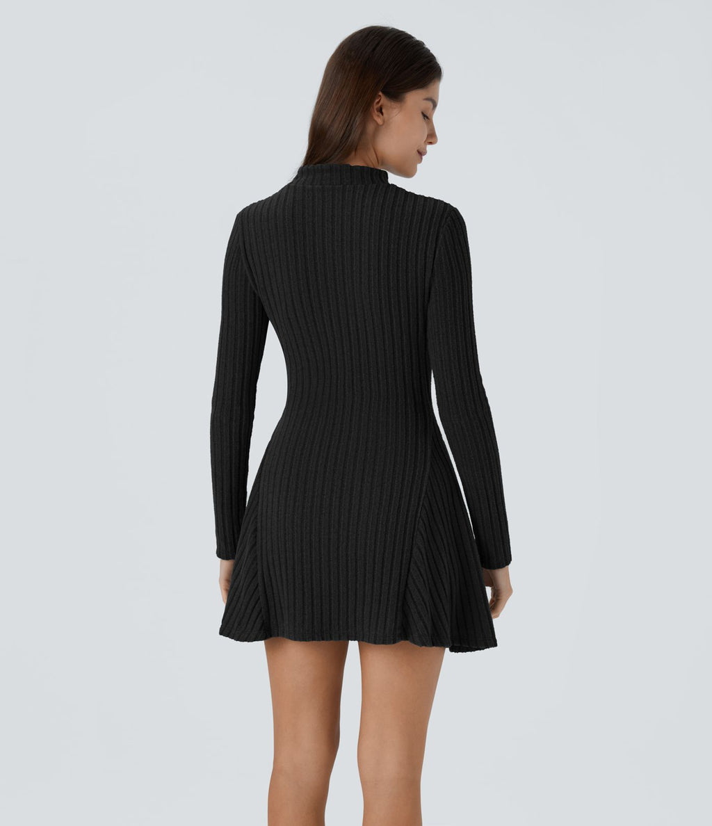 Robe de courte décontractée en maille côtelée à col montant et manches longues