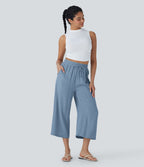 Pantalon décontracté aspect lin 7/8 à taille haute, jambe large avec cordon de serrage et poches latérales