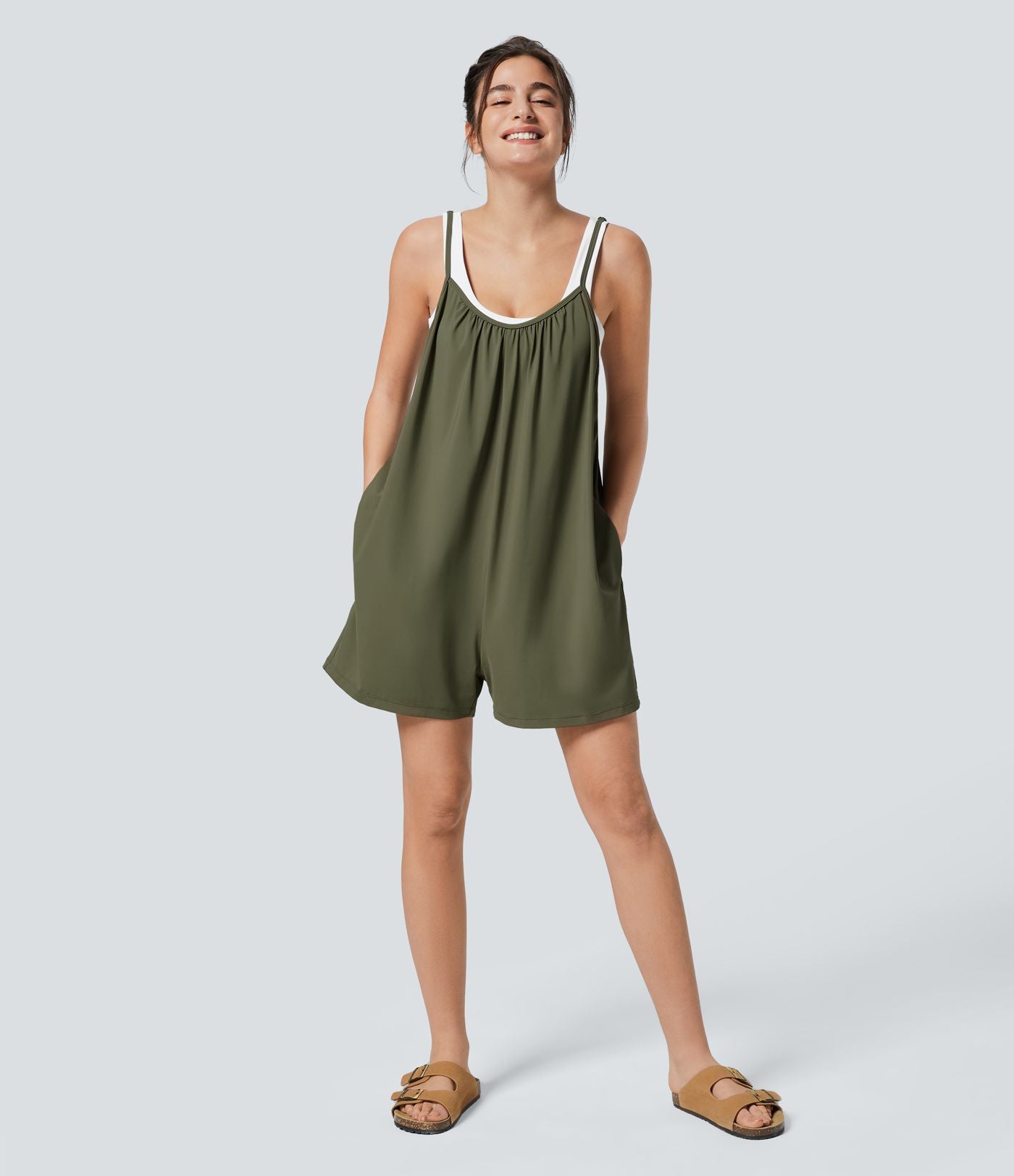 Combinaison Large Casual à Jambes Larges Solide avec Fines Bretelles Réglables Poches Latérales Plissées