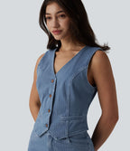 Gilet denim décontracté Halara Flex™ décolleté V profond boutonnage rayé