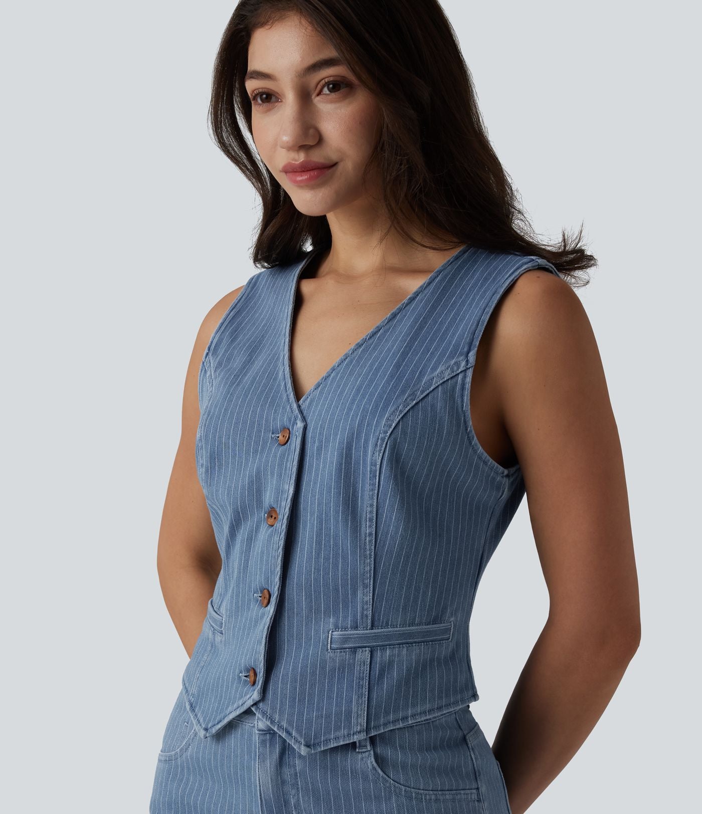 Gilet denim décontracté Halara Flex™ décolleté V profond boutonnage rayé
