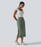 Jupe midi moulante côtelée taille haute aspect lin décontractée