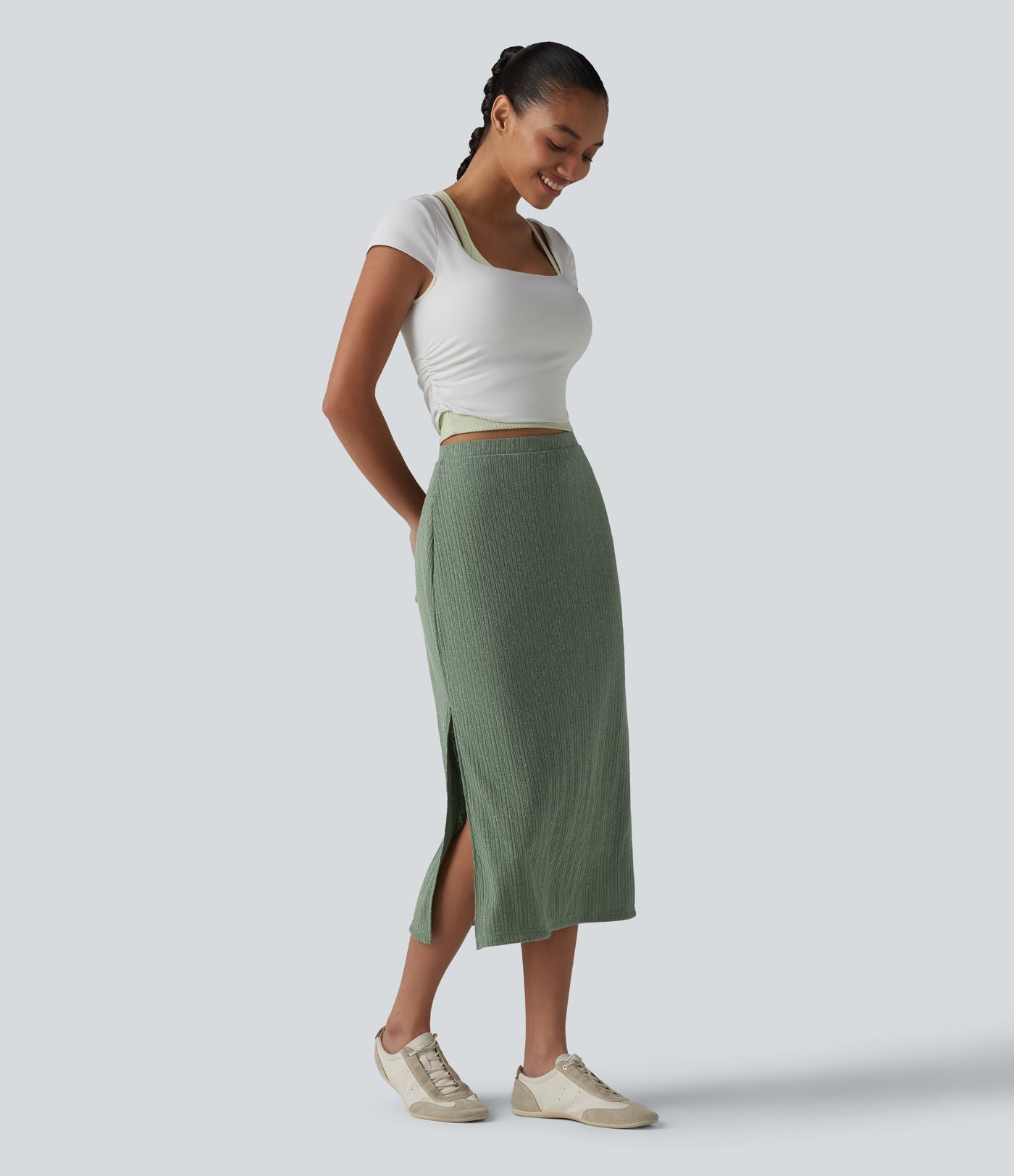 Jupe midi moulante côtelée taille haute aspect lin décontractée