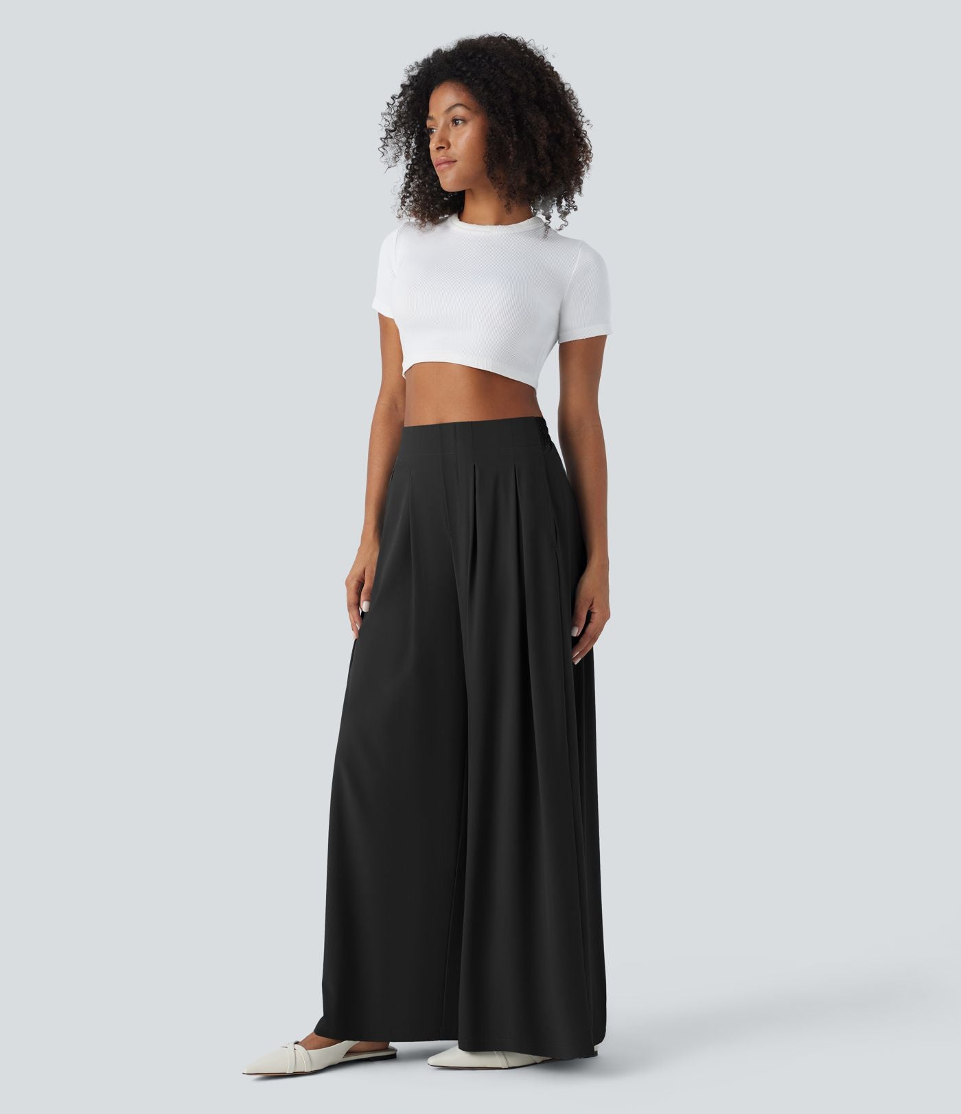 Breezeful™ Pantalon Large Fluide Taille Haute Plis Poches Latérales et Taille Élastique Séchage Rapide