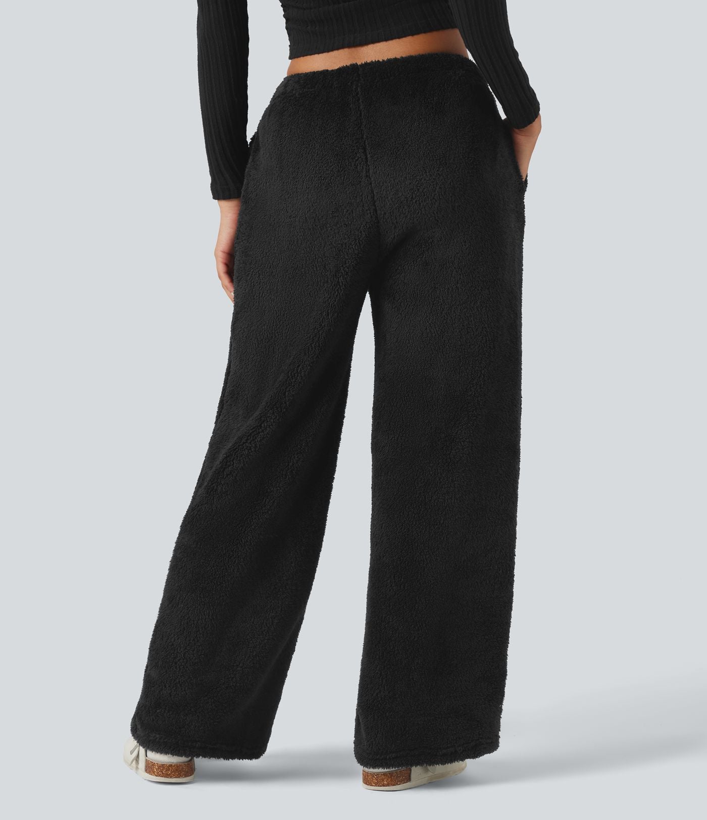 Pantalon coupe droite teddy taille mi-haute avec cordon de serrage et poches