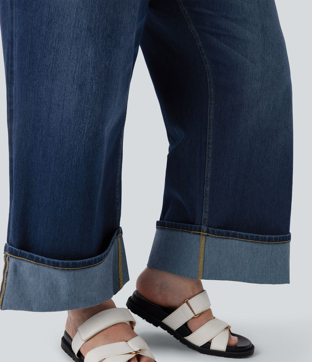 Jean casual grande taille Halara Flex™ tricot extensible délavé taille haute jambe large ourlet roulotté avec poches