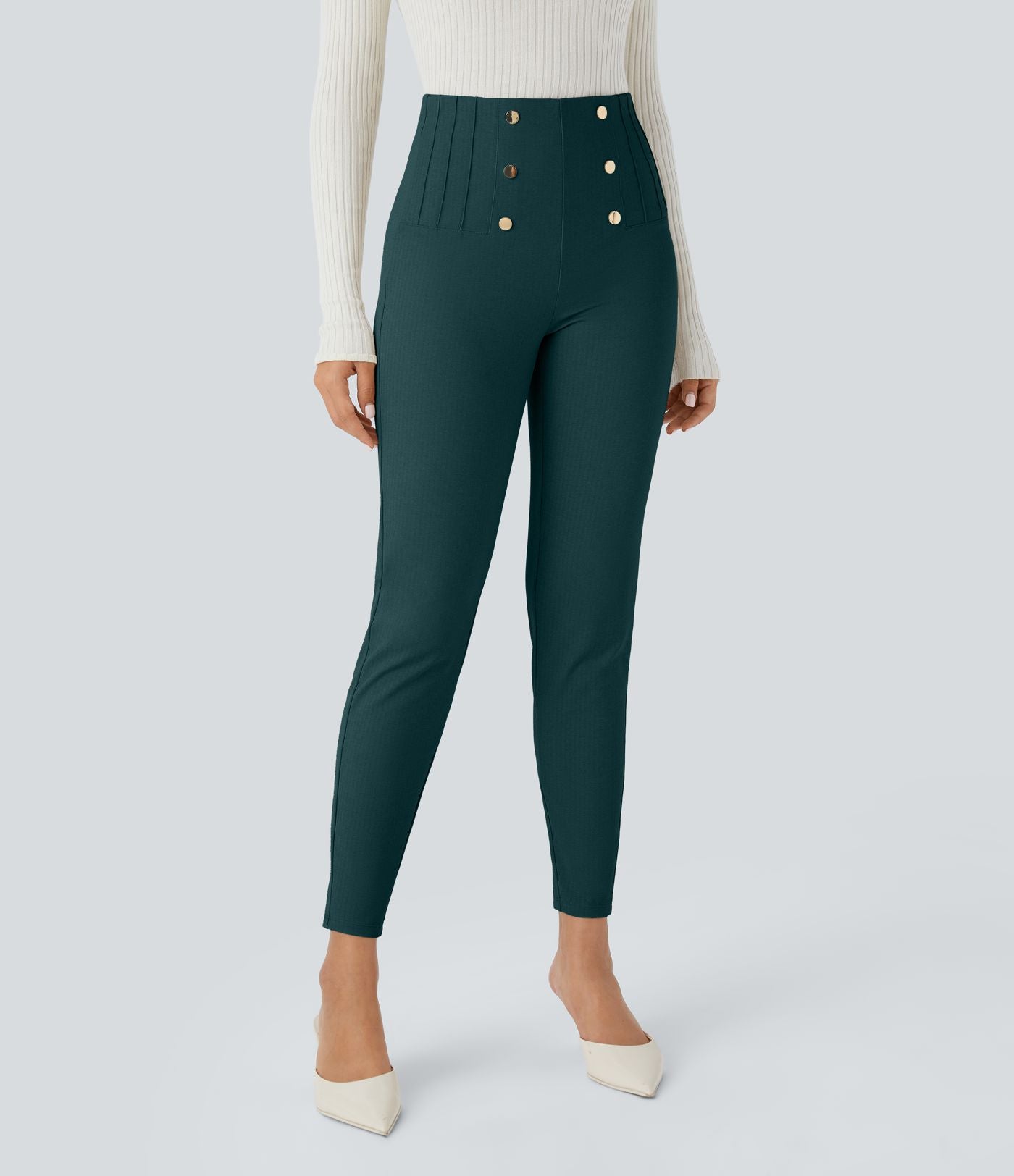Pantalon tailleur skinny gainant taille haute à chevrons avec poches arrière zippées décoratives