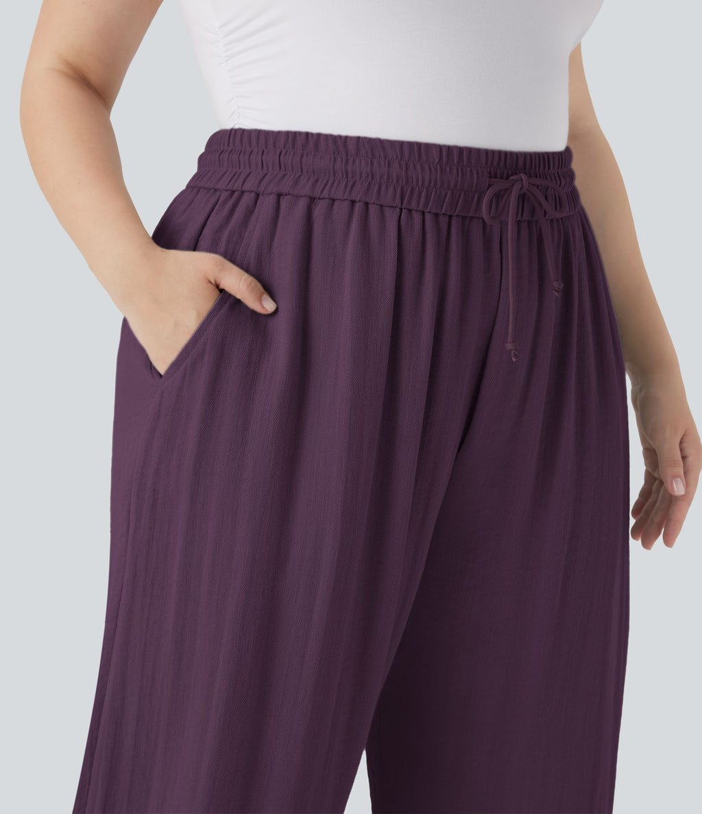 Pantalon décontracté grande taille large fluide taille haute effet lin avec cordon de serrage et poches