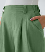 Pantalon Fluide Large Taille Haute Poches Latérales Palazzo Solide Casual Linen-Feel