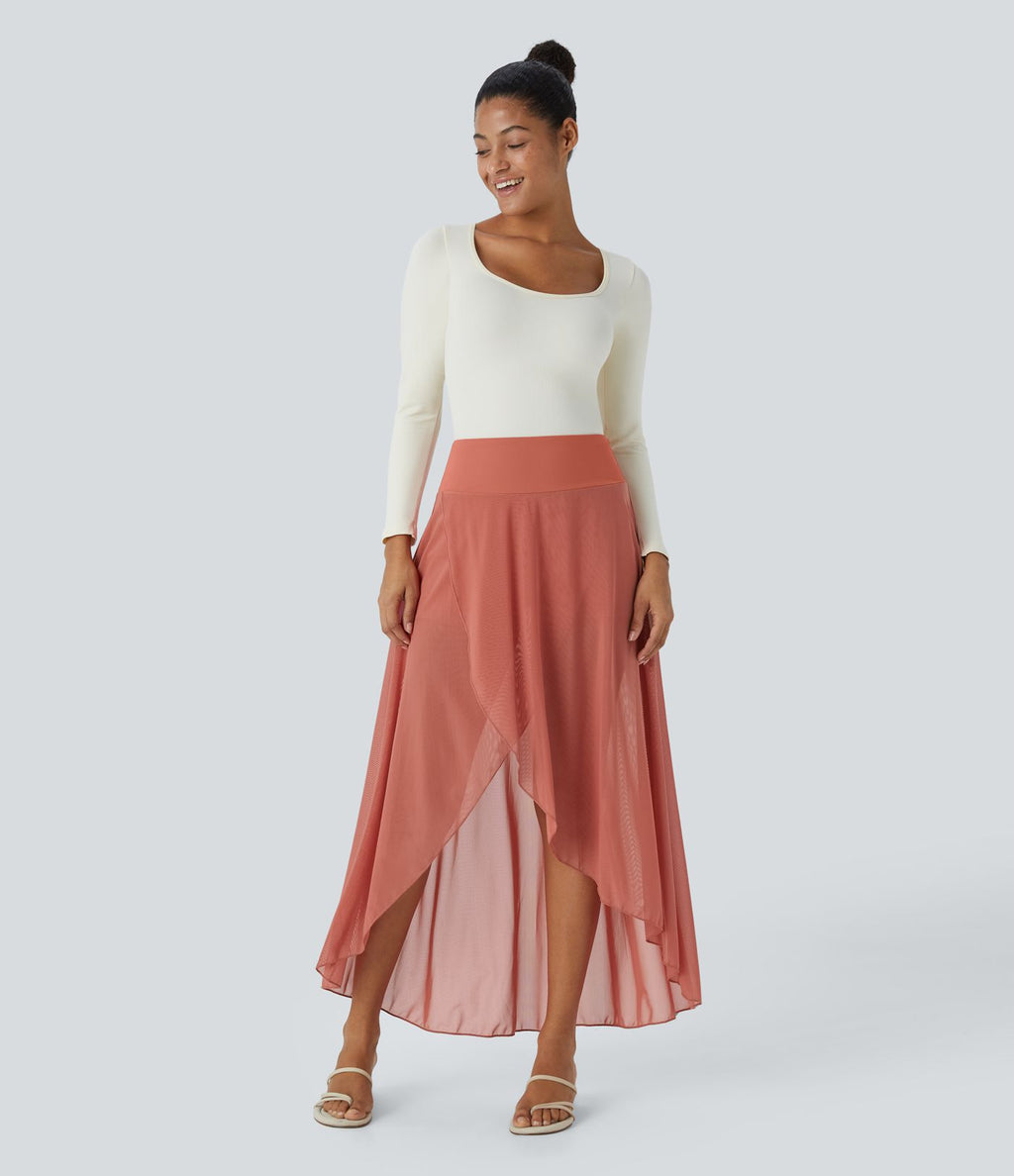 Jupe Longue Fluide Taille Haute à Volants 2 en 1 Poche Latérale Évasée en Mesh Casual Quotidien