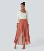 Jupe Longue Fluide Taille Haute à Volants 2 en 1 Poche Latérale Évasée en Mesh Casual Quotidien