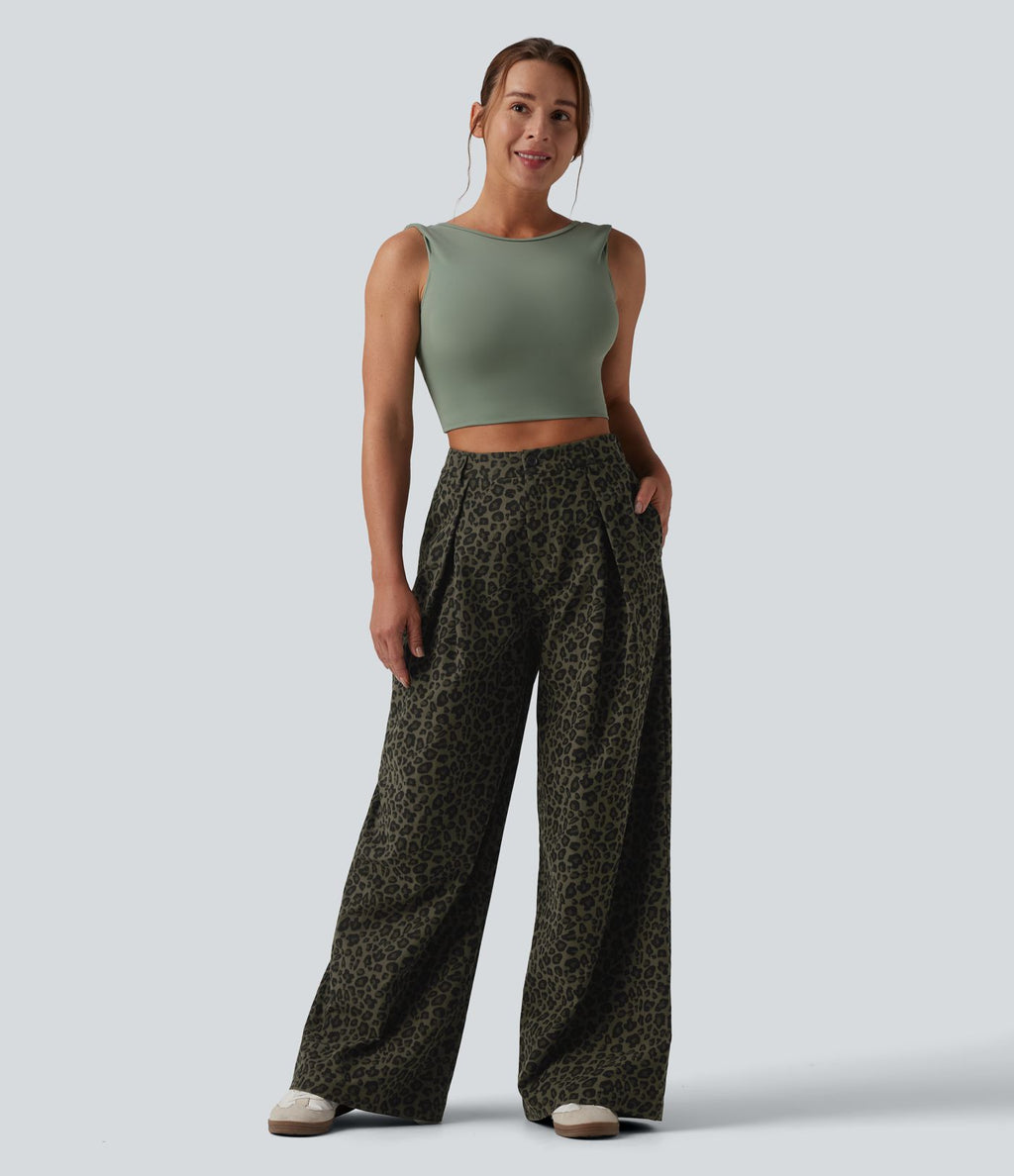 Pantalon large décontracté imprimé léopard taille mi-haute avec poches