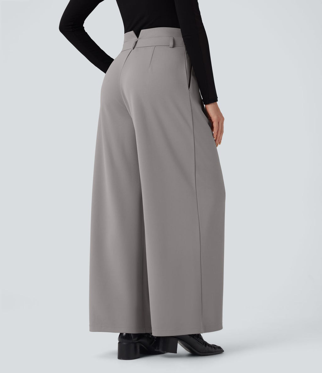 Pantalon de travail en crêpe à taille haute et jambes larges avec double ceinture et poches Halara Flex™