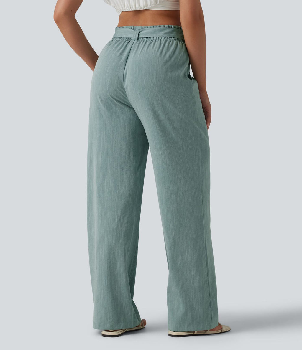 Pantalon décontracté effet lin taille haute, coupe droite, ceinturé avec finitions ondulées et poches