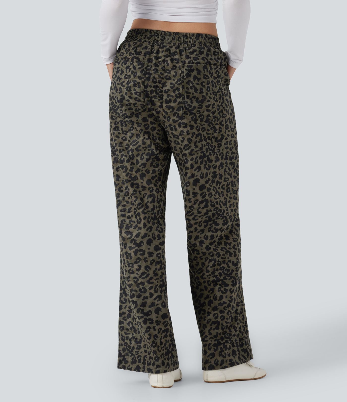 Pantalon léopard ample décontracté velours côtelé imprimé taille haute avec poches